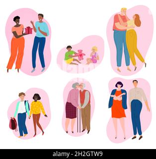 Couples d'âges différents amoureux.Enfants adolescents, adultes et personnes âgées. Illustration de Vecteur