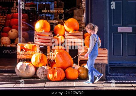 Un jeune magasine pour Pumpkins dans une épicerie du nord de Londres, en préparation pour le festival d'Halloween Banque D'Images