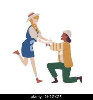 Homme à genoux proposant à la femme de l'épouser.Proposition de mariage. Illustration de Vecteur