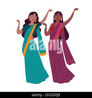 Deux femmes portant des vêtements traditionnels dansant la danse indienne Illustration de Vecteur