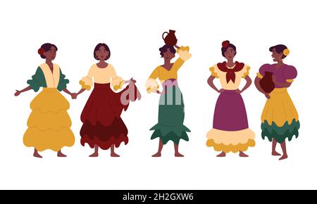 Femmes en robes nationales traditionnelles, vêtements de fête. Illustration de Vecteur