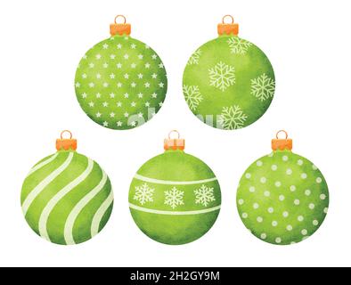 Boules de noël vertes décoration de style aquarelle isolée sur fond blanc. Illustration de Vecteur