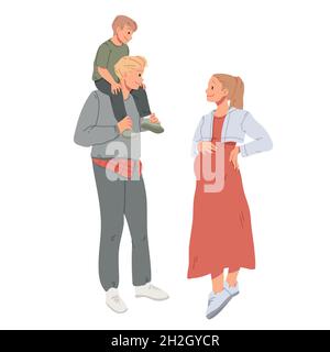 Portrait de famille.Jeunes parents avec enfant.Femme enceinte et mari avec son fils assis sur ses épaules. Illustration de Vecteur