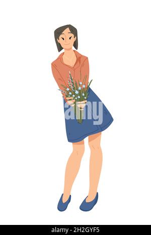 Belle femme tenant un bouquet de fleurs dans les mains.L'été, la fête des mères, la fête des femmes heureux.8 mars. Illustration de Vecteur