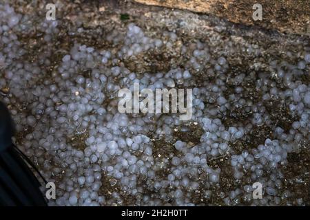 Mise au point sélective de petites boules de grêle sur le sol - pour les fonds et la texture Banque D'Images