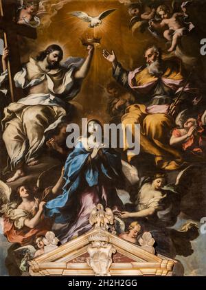 ROME, ITALIE - 29 AOÛT 2021 : la peinture du Coronatin de la Vierge Marie dans l'église Chiesa di Santa Maria della Scala par FRA Luca di San Carlo. Banque D'Images