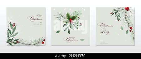 Collection aquarelles cartes de Noël et d'hiver.Bouquet de branches de baies de houx et de pins sur la neige tombant d'aquarelle peinte à la main.Suita Illustration de Vecteur