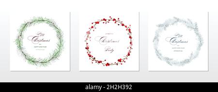 Collection aquarelles cartes de Noël et d'hiver.Bouquet de branches de baies de houx et de pin couronne d'aquarelle peinte à la main.Adapté à c Illustration de Vecteur