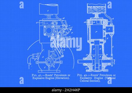 Design of Rootss' Petroleum or explosives Engine [Elevation (Left) and vertical Central Section (Right)] du livre ' Motor cars; or, Power Carries for Common Roads ' d'Alexander James Wallis-Tayler, publié à Londres, par Crosby Lockwood & son 1897.Roots Blower Company était une société d'ingénierie américaine basée à Connersville, Indiana.Il a été fondé en 1859 par les inventeurs Philander Higley Roots et Francis Marion Roots.Il est remarquable pour le ventilateur Roots, un type de pompe.Aujourd'hui, les souffleurs Roots sont principalement utilisés comme pompes à air dans les surchargeurs pour les moteurs à combustion interne; ils l'étaient Banque D'Images