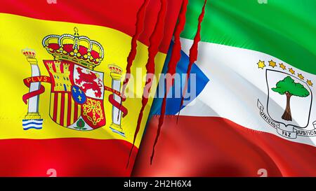 Drapeaux de l'Espagne et de la Guinée équatoriale avec le concept de cicatrice.Drapeau d'ondulation, rendu 3D.Notion de conflit en Espagne et en Guinée équatoriale.Espagne Guinée équatoriale r Banque D'Images