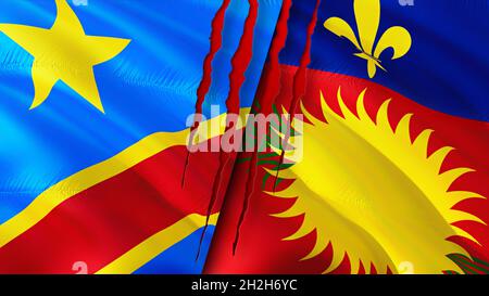 Drapeaux de la République démocratique du Congo et de la Guadeloupe avec concept de cicatrice.Drapeau d'ondulation, rendu 3D.Guadeloupe et RD Congo concept de conflit.Dr Congo Guadeloupe relations con Banque D'Images