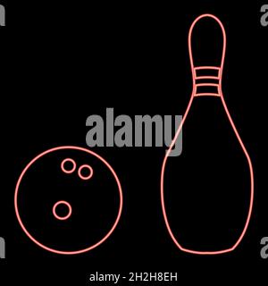 Neon PIN et boule de bowling rouge couleur vecteur illustration plate style lumière image Illustration de Vecteur