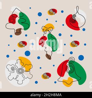 Ensemble d'illustrations vectorielles du nouvel an et de Noël en style Line Art avec des taches de couleur avec un sapin de Noël, des jouets du nouvel an et un flocon de neige Illustration de Vecteur