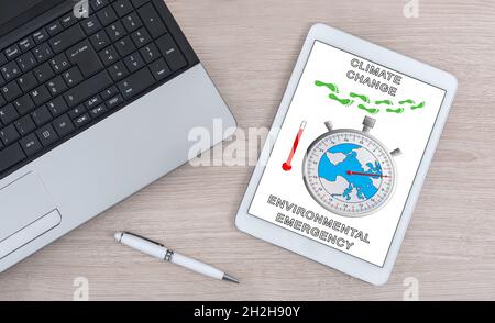 Concept de réchauffement climatique présenté sur une tablette numérique Banque D'Images