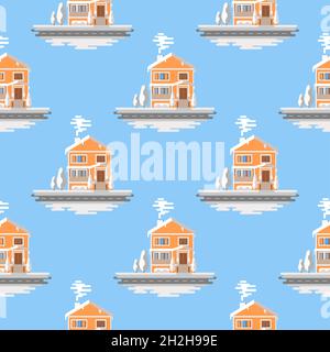 Motif maison enneigée sans couture sur fond bleu.Motif de Noël vectoriel. Illustration de Vecteur