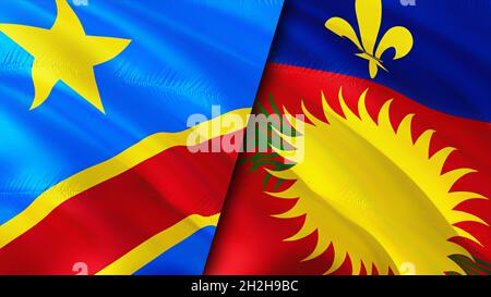 Drapeaux de la RD Congo et de la Guadeloupe.Motif drapeau en relief.Guadeloupe Dr Congo drapeau, image, fond d'écran.Image Dr Congo vs Guadeloupe, rendu 3D.Cong. Dr Banque D'Images