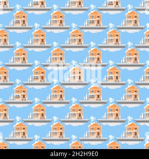 Motif maison enneigée sans couture sur fond bleu.Motif de Noël vectoriel. Illustration de Vecteur