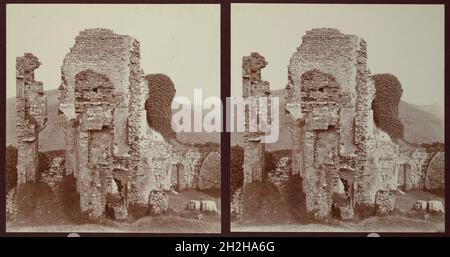 Château de Corfe, Château de Corfe, Purbeck, Dorset, 1913.Vue stéréoscopique montrant les ruines d'une partie du Keep au château de Corfe. Banque D'Images