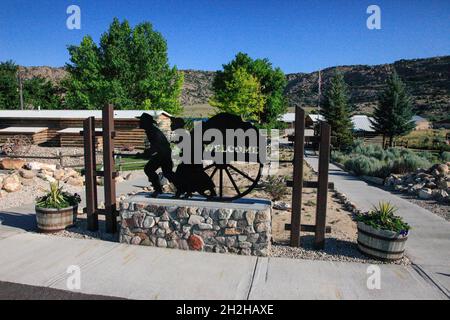 Un panneau de welcom pour le Sun Ranch et le site de Martin's Cove: Mormon Trail dans le centre du Wyoming. Banque D'Images