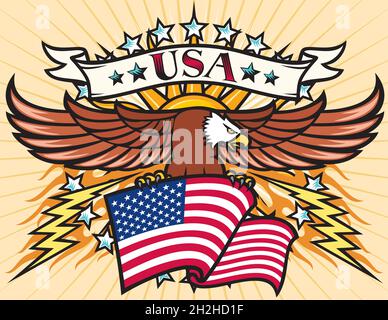 Aigle volant avec illustration vectorielle drapeau américain Illustration de Vecteur