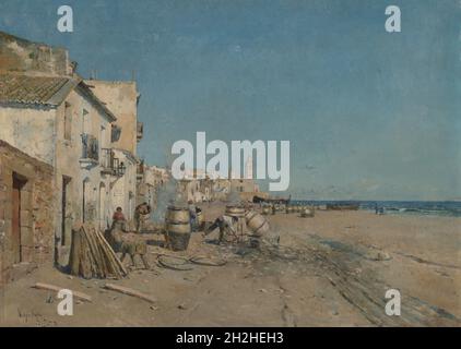 Sitges, 19e siècle.[Fabricants de barils sur la plage dans le nord de l'Espagne]. Banque D'Images