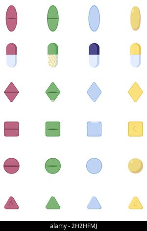 Un ensemble de différentes tablettes dans un style plat, isolé sur un fond blanc.Pilules et médicaments, capsules prescrites par un médecin. Illustration de Vecteur