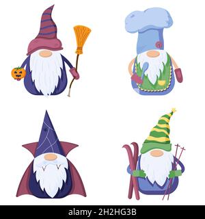 Ensemble d'un petit gnomes dans un style plat, vampire, cuisinier, halloween et skier personnages nains isolés sur un fond blanc. Illustration de Vecteur