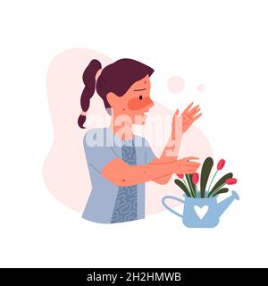 Symptôme allergique au pollen de fleur dans l'illustration du vecteur enfant.Petite fille de dessin animé avec une peau rouge qui démange sur le visage debout près de la fleur dans le pot isolé sur blanc.Éruption cutanée et fièvre de l'allergie, concept médical Illustration de Vecteur