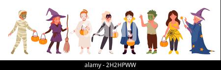 Ensemble de personnages de fête d'Halloween pour enfants, illustration vectorielle pour enfants heureux.Dessin animé mignon filles garçons en costumes de monstre drôle tenant traiter la citrouille dans les mains sur Halloween amusant vacances isolé sur blanc Illustration de Vecteur