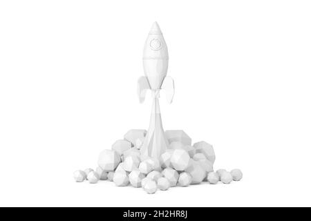 Concept de démarrage.Toy Rocket dégage de la fumée qui se répand dans le style Low Poly sur un fond blanc.Rendu 3d Banque D'Images