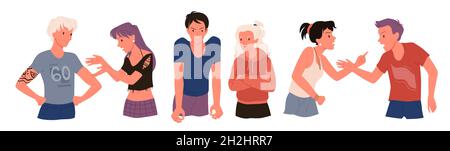 Caricature homme femmes personnages quereling, arguant dans la colère et le désaccord, différend de mari et de femme isolé sur blanc.Querelle en colère de couple personnes, stress famille problème illustration de vecteur Illustration de Vecteur