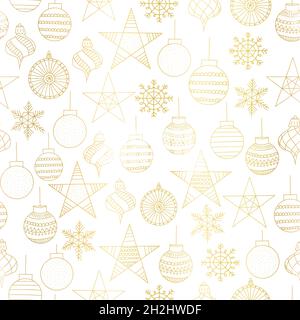 Décorations de Noël dorées à motif vectoriel sans couture.Arrière-plan répétitif tiré à la main de papier d'aluminium métallique boules de Noël boules de boules, flocons de neige.Pour un cadeau Illustration de Vecteur