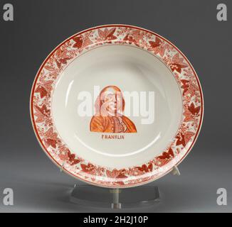 Assiette avec portrait de Benjamin Franklin, 1800/1900.L'un des quatre.Fabriqué à Burslem, Stoke on Trent, Staffordshire, Angleterre, pour le marché américain. Banque D'Images