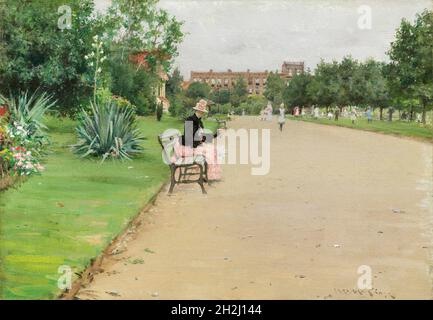 A City Park, c.1887. Femme rose et noire assise sur le banc du parc. Banque D'Images