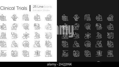 Les icônes linéaires des essais cliniques sont définies pour le mode sombre et le mode clair Illustration de Vecteur