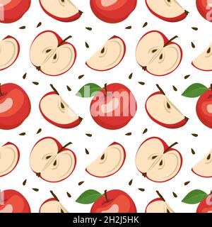 Fond sans couture avec pommes, graines et feuilles rouges.Un joli imprimé été ou printemps avec des fruits entiers et coupés en deux.Décoration de fête pour les textiles, le papier d'emballage et le design.Illustration vectorielle plate Illustration de Vecteur