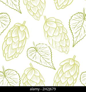 Réalisez des croquis faits main de houblon vert sur fond blanc avec motif sans couture.Cônes et feuilles de houblon gravés, un ingrédient pour la production de bière.Modèle avec pl Illustration de Vecteur