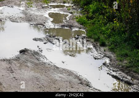 Des flaques de terre se sont formées à la surface de la route de terre après la pluie. Banque D'Images