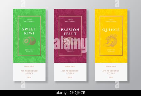 Ensemble de modèles d'étiquettes vectorielles pour parfums d'origine.Dessin à la main Kiwi, fruit de la passion, coing et fleurs fond avec Typographie.Parfum d'intérieur Illustration de Vecteur