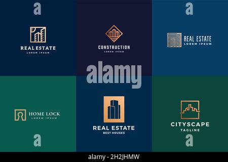 Ensemble de symboles, de symboles ou de modèles de logos vectoriels immobiliers.Géométrie lignes bâtiments dans les cadres avec typographie moderne.Emblèmes de construction Illustration de Vecteur