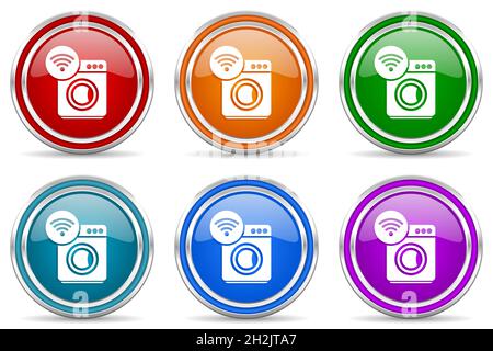 Machine à laver, Internet, wifi argent métallique icônes brillantes, ensemble de boutons de conception moderne pour le Web, Internet et les applications mobiles dans 6 couleurs optio Banque D'Images
