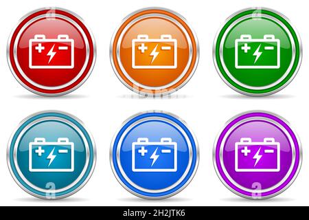 Batterie, stockage de puissance argent métallisé icônes brillantes, ensemble de boutons de conception moderne pour les applications Web, Internet et mobiles dans 6 couleurs options isolat Banque D'Images
