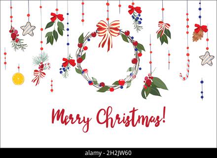 Motif vectoriel dessin à la main couleur colorée pour la carte de vœux de Noël.Typographie et icônes pour les fonds de Noël, bannières ou affiches et autres imprimés Illustration de Vecteur