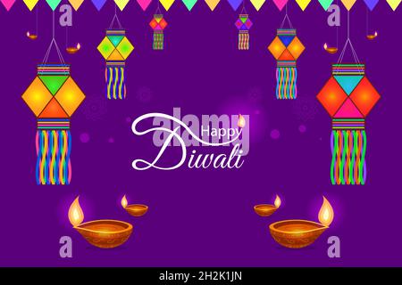 Diwali a décoré l'arrière-plan de salutation pour les sites Web et les médias sociaux.Lanterne Diwali décorée ou kandil avec la typographie Happy Diwali. Illustration de Vecteur