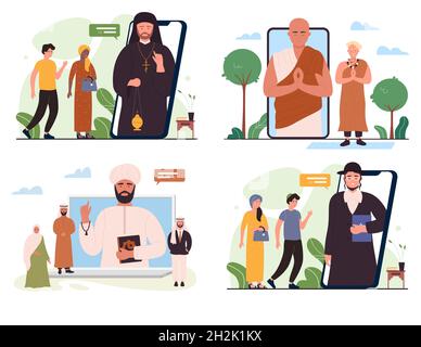 Église en ligne, culte service d'appel vidéo définir illustration vectorielle.Caricature femme homme personnages rencontrer rabbin prêtre moine ou imam à prier, en utilisant l'application numérique de religion dans le téléphone mobile isolé sur blanc Illustration de Vecteur