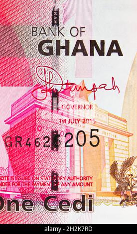 1 billet de banque Cedi, Banque du Ghana, fragment de loi de clôture montre la place de l'indépendance d'Accra, Ghana, publié en 2015 Banque D'Images