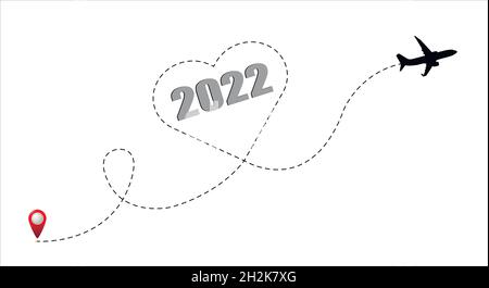 Vol en avion avec les numéros du nouvel an 2022 à l'intérieur du coeur.Voyagez le nouvel an. Illustration de Vecteur