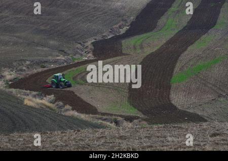 Un tracteur travaille dans les champs avant de semer dans la campagne de Molise inférieure Banque D'Images