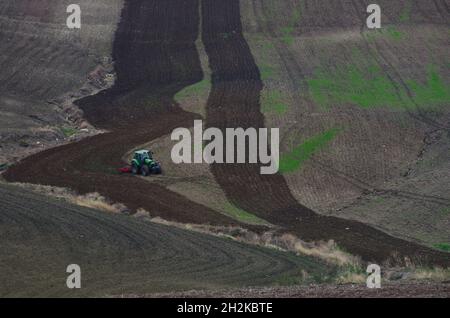 Un tracteur travaille dans les champs avant de semer dans la campagne de Molise inférieure Banque D'Images
