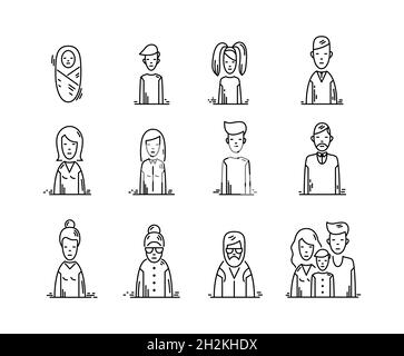 Icônes de ligne famille personnes avatars enfants parents grands-parents Illustration de Vecteur
